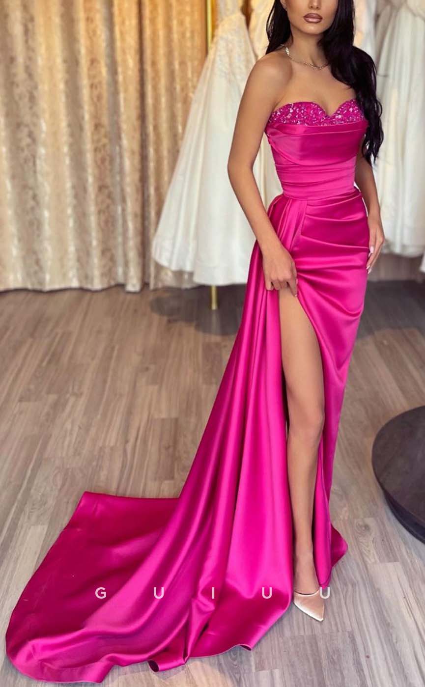 G2387 - Sexy Sheath Straples Pleats Evening Prom Dress With Slit