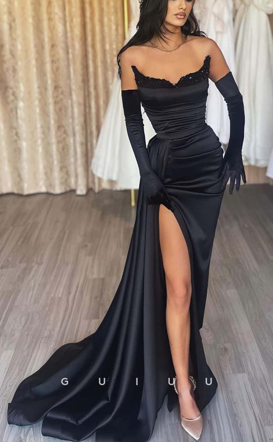 G2388 - Sexy Sheath Black Satin Pleats Prom Evening Dress