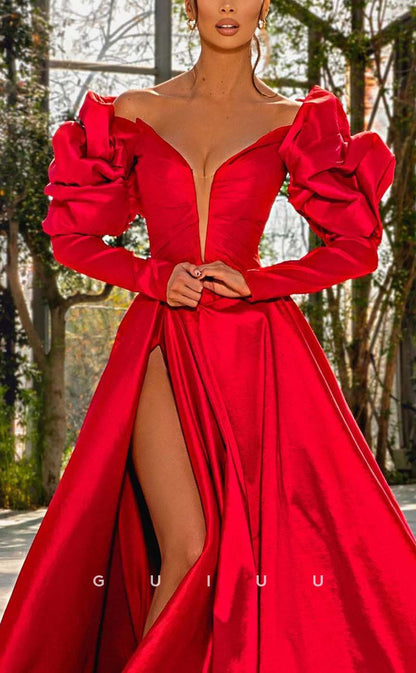 G2395 - Sexy/Hot A-Line Deep V-Neck Red Prom Dress With Slit