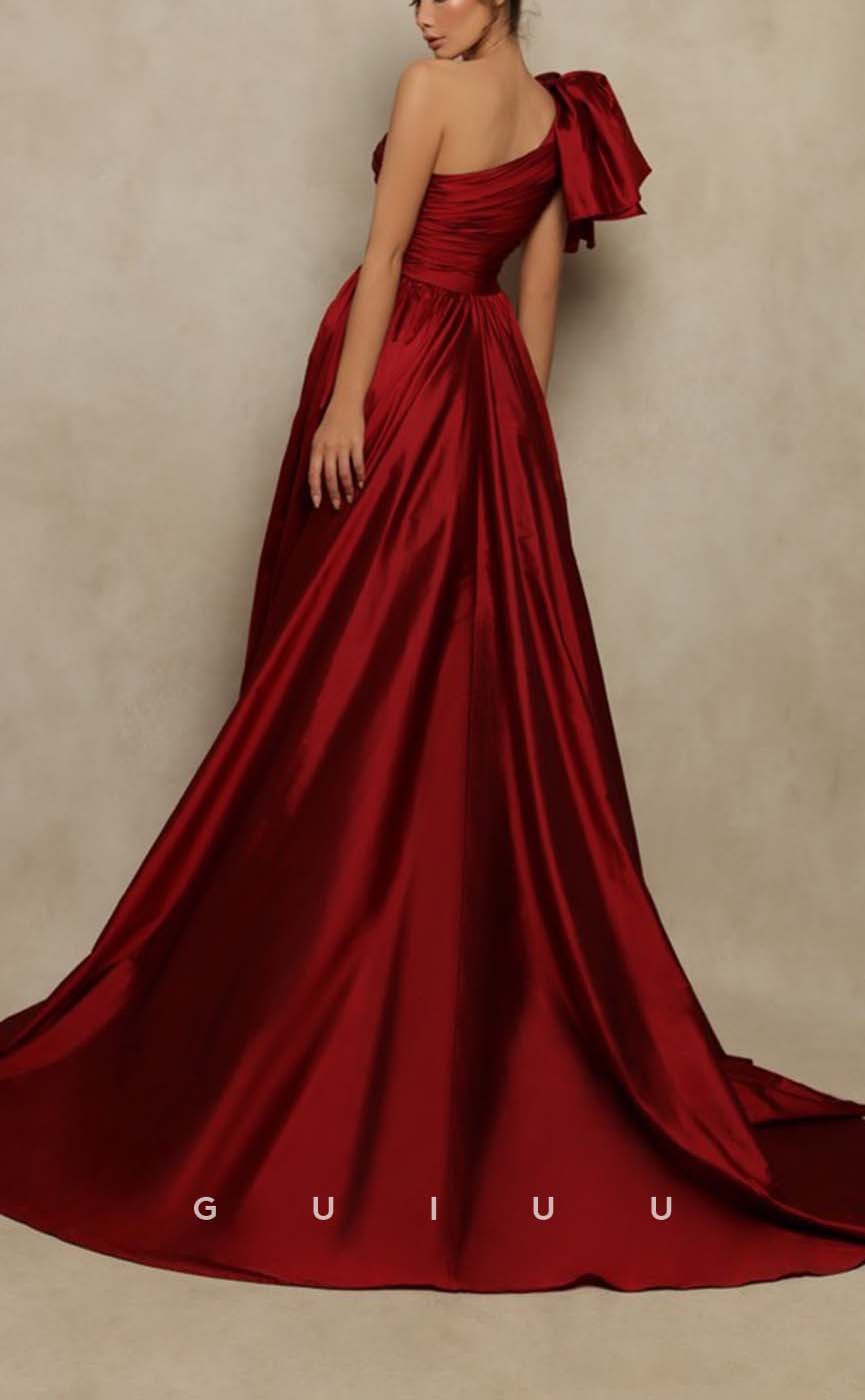 G2396 - Sexy/Hot One-Shoulder Pleats Burgundy Prom Dress With Slit