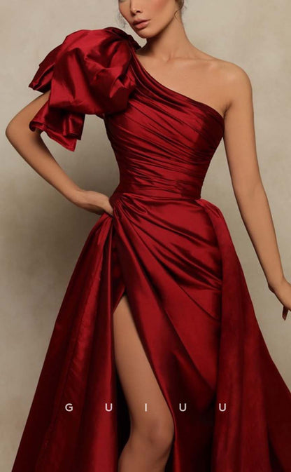 G2396 - Sexy/Hot One-Shoulder Pleats Burgundy Prom Dress With Slit