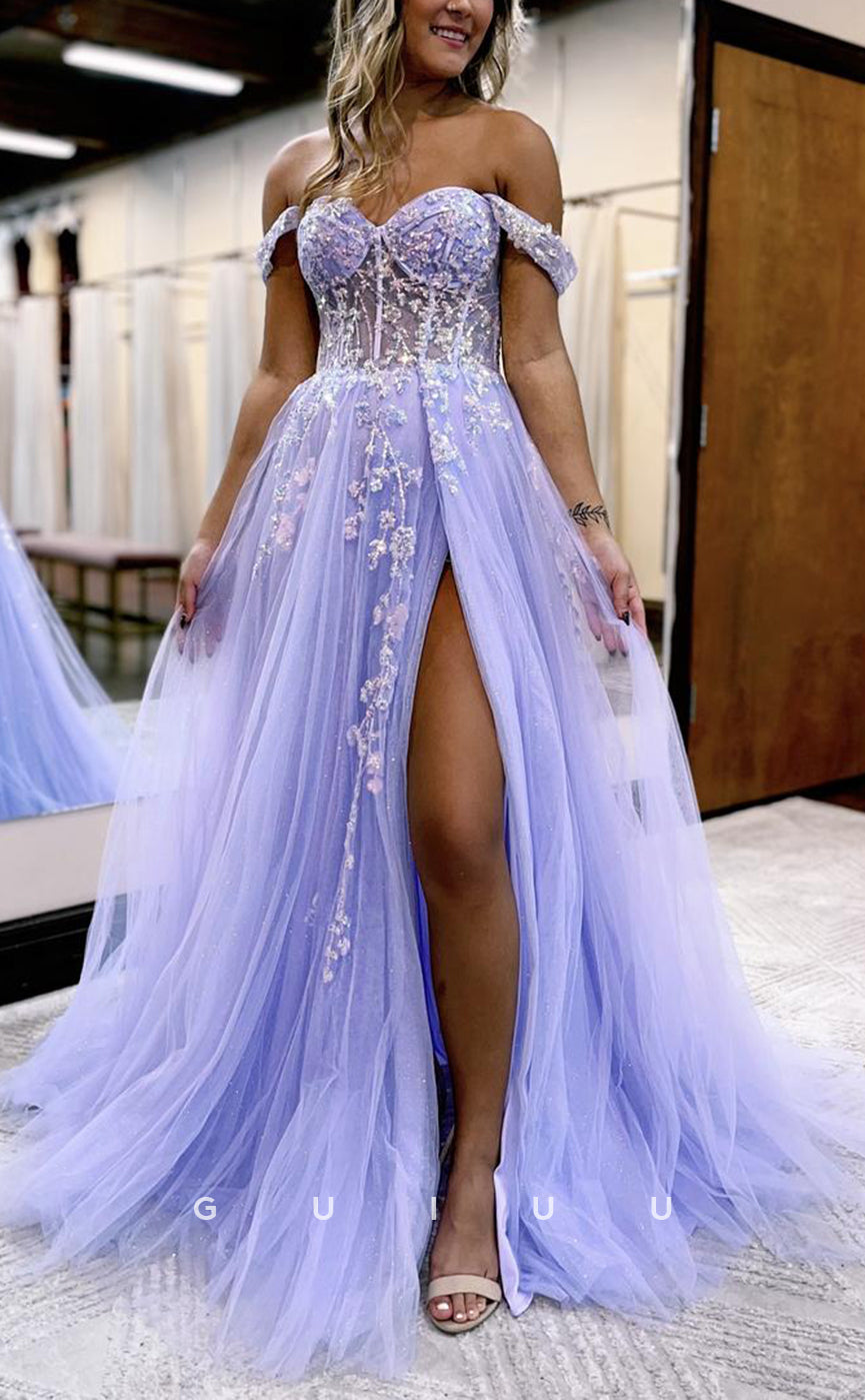 G2482 -Elegant Off-Shoulder Sequins Applique Long Prom Evening Dress