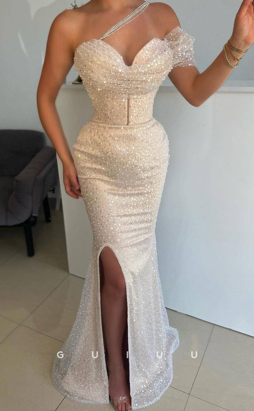 G2493 - Chic & Modern Beaded One Shoulder Sweetheart Mermaid Evening Prom Dress