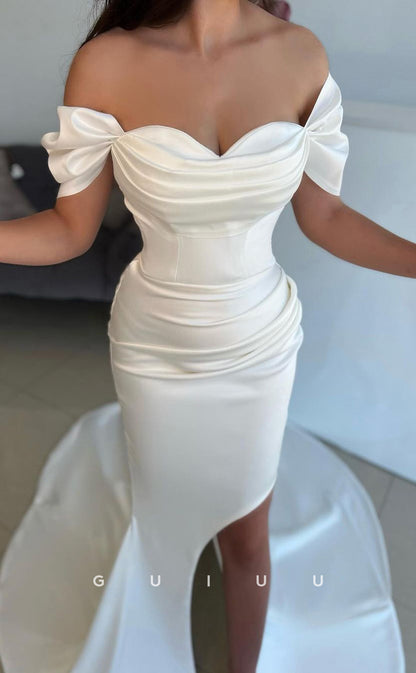 G2495 - Classic Satin Off-Shoulder Ruched Mermaid Long Evening Dress With Overlay