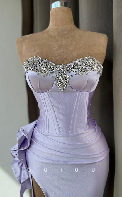 G2498 - Sexy & Hot Sweetheart Beaded Satin Lavender Long Prom Evening Dress