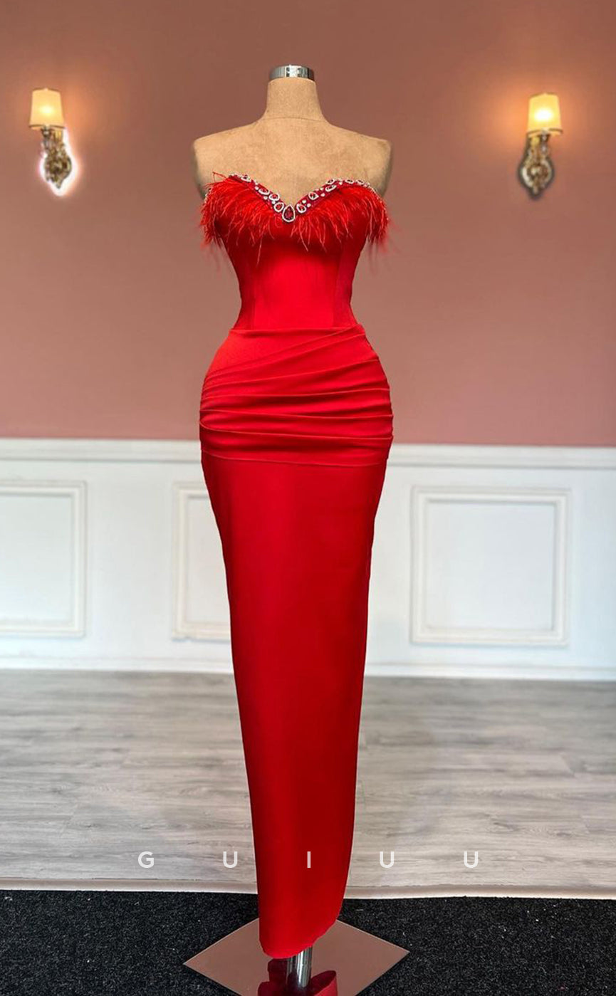 G2499 - Sexy Sheath Sweetheart Red Long Prom Evening Dress With Feather