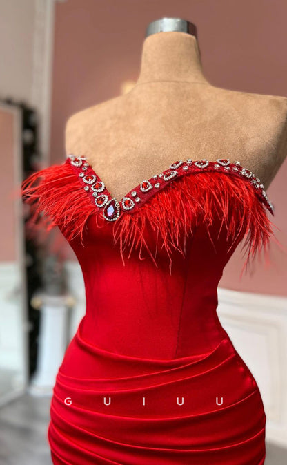 G2499 - Sexy Sheath Sweetheart Red Long Prom Evening Dress With Feather