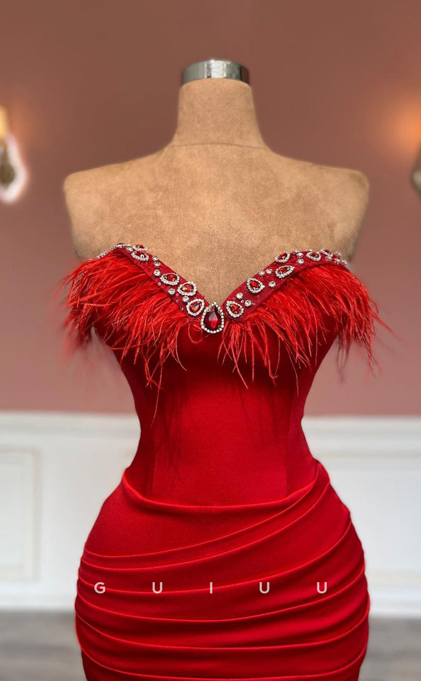 G2499 - Sexy Sheath Sweetheart Red Long Prom Evening Dress With Feather