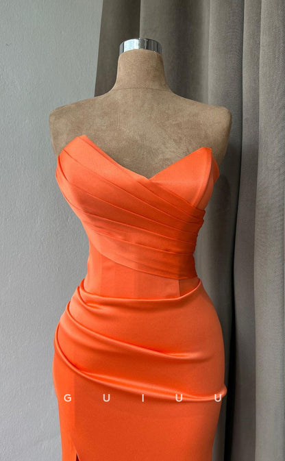 G2500 - Simple Sheath Strapless Ruched Orange Long Prom Evening Dress