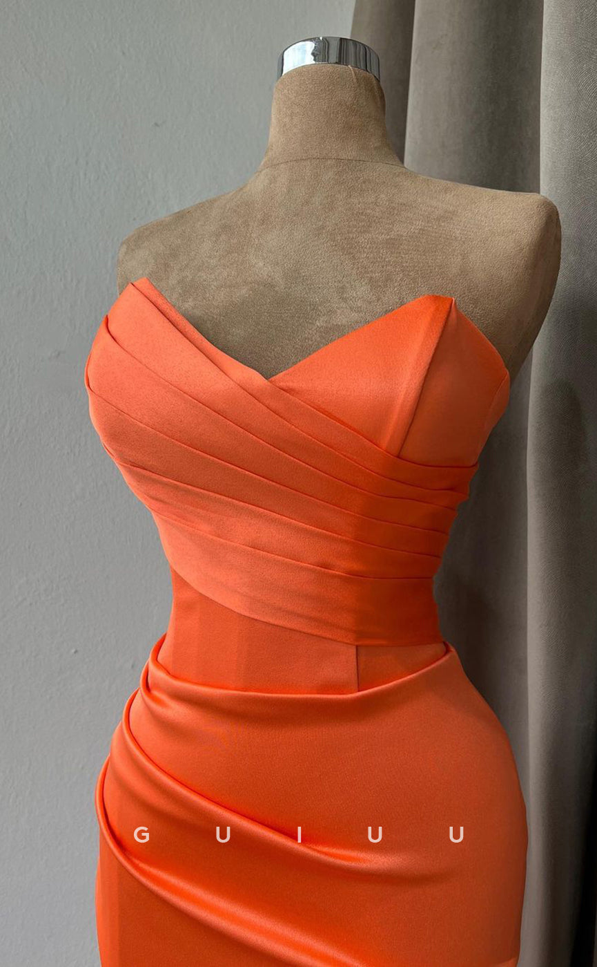 G2500 - Simple Sheath Strapless Ruched Orange Long Prom Evening Dress