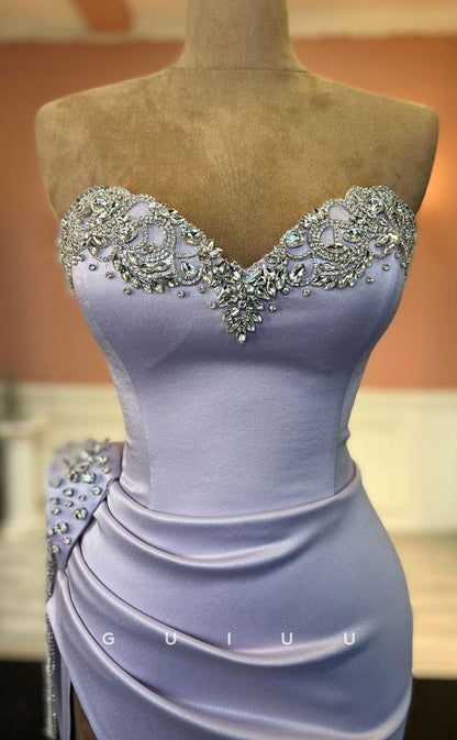 G2504 - Sexy & Hot Sweetheart Beaded Satin Lavender Long Prom Evening Dress