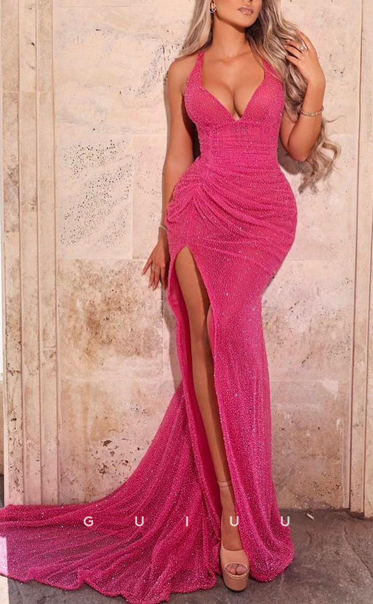 G2509 - Sexy & Hot Halter Beaded V-Neck Ruched Long Prom Evening Dress