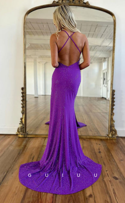 G2517 - Elegant V-Neck Halter Purple Beaded Long Prom Evening Dress