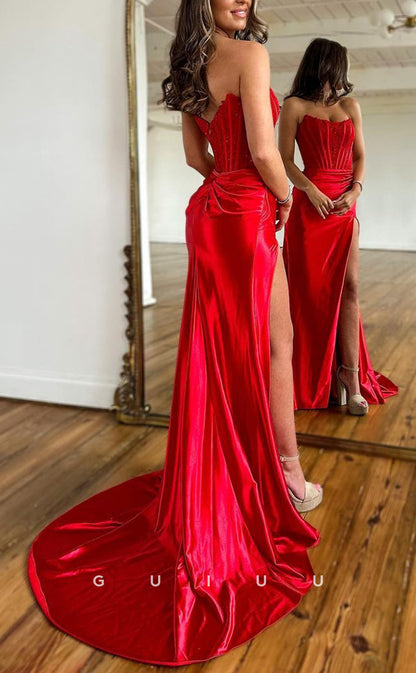 G2518 - Sexy & Hot Strapless Satin Ruched Red Long Prom Evening Dress