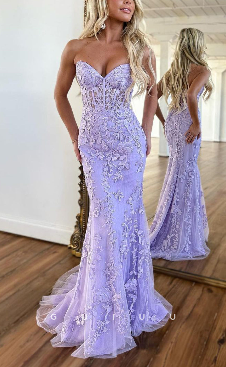 G2519 - Elegant & Luxurious Strapless Applique Lavender Long Prom Evening Dress