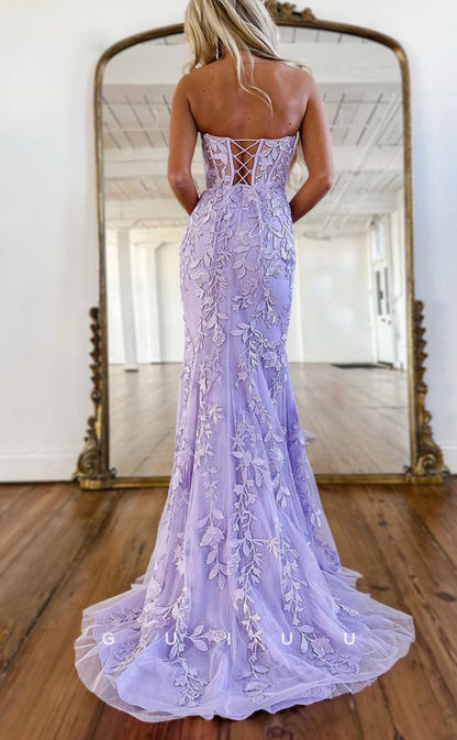 G2519 - Elegant & Luxurious Strapless Applique Lavender Long Prom Evening Dress