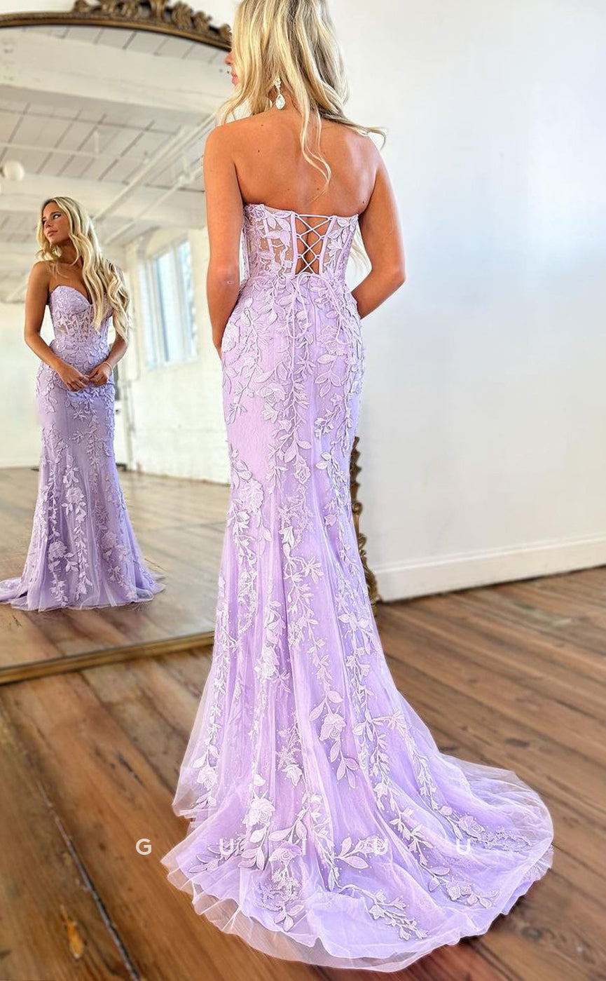 G2519 - Elegant & Luxurious Strapless Applique Lavender Long Prom Evening Dress