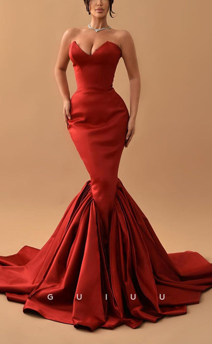 G2520 - Sexy Hot Sweetheart Burgundy Satin Mermaid Long Prom Evening Dress