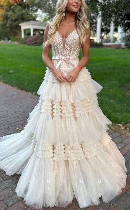 G2524 - Classic V-Neck Sheer Applique Tulle Ball Gown Long Prom Evening Dress