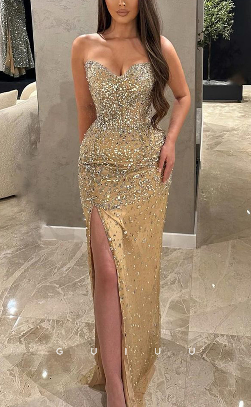 G2527 - Chic Fitted Strapless Beaded Sheer Champagne Long Prom Evening Dress