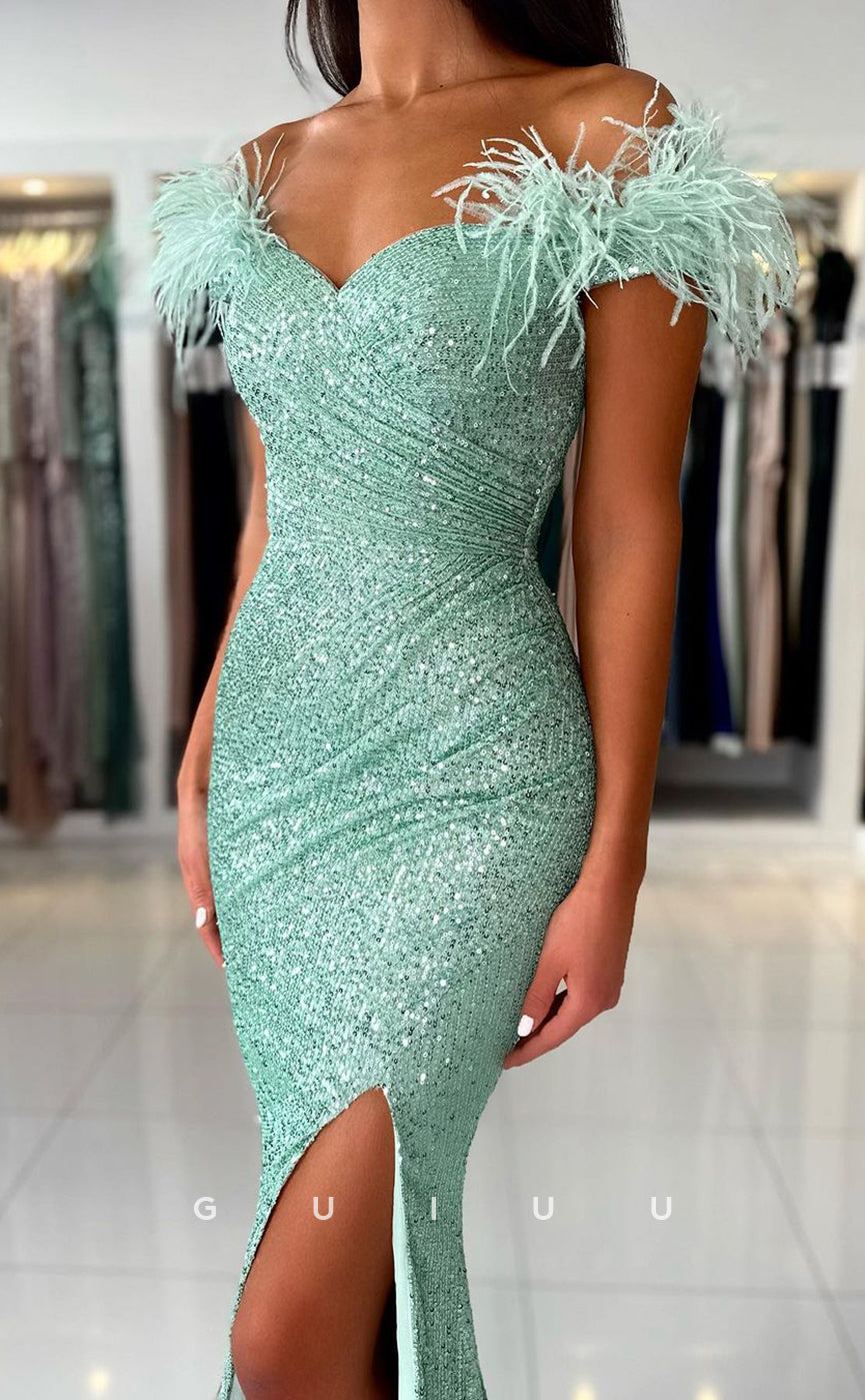 G2544 - Classic Sheath Sequins Off-Shoulder Feather Long Prom Evening Dresses