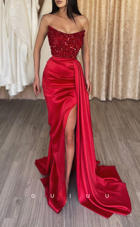 G2554 -  Classic & Fitted Red Sequins Ruched Long Prom Evening Dresses With Train