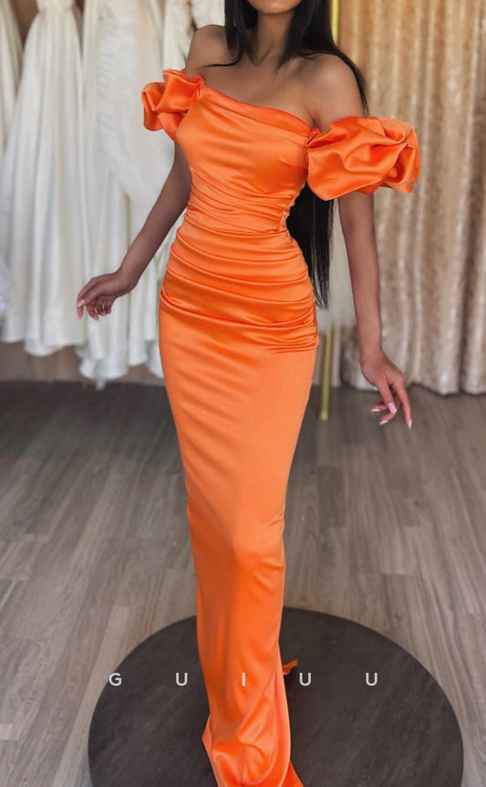 G2555 - Chic & Modern Off-Shoulder Ruched Orange Long Prom Evening Party Dresses