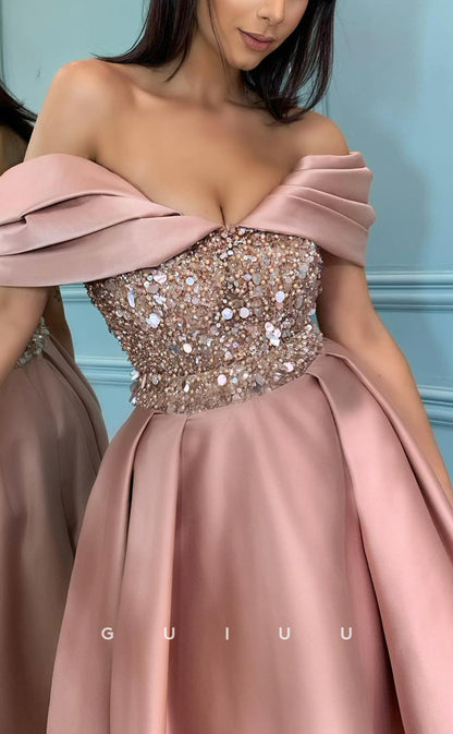 G2561 - Classic & Timeless A-Line Off-Shoulder Sequins Satin Long Prom Evening Dresses