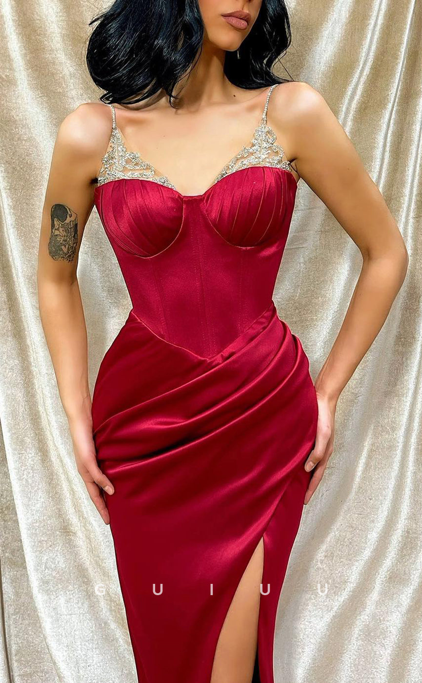 G2564 - Sexy & Hot Straps Sequins Ruched Satin Long Prom Evening Dresses With Slit