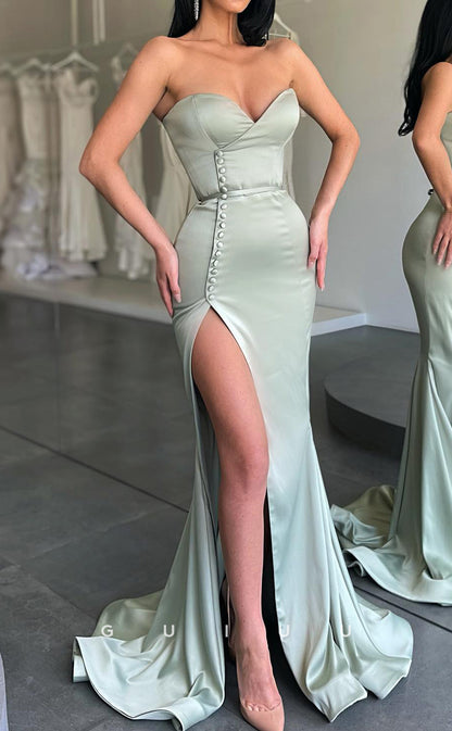 G2578 - Sexy & Fitted Strapless Satin Long Prom Evening Dresses With Slit