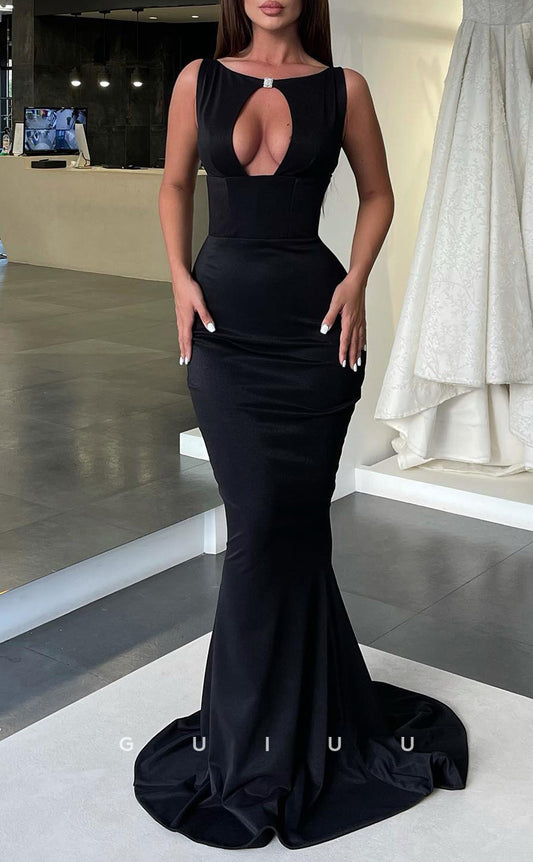 G2599 - Sexy & Hot Mermaid High Neck Black Satin Long Prom Evening Dresses