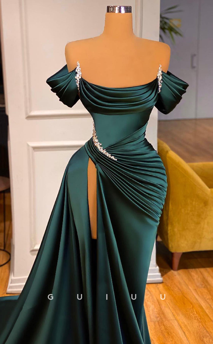 G2603 - Chic & Modern Off-Shoulder Beaded Satin Ruched Long Prom Evening Dress With Train