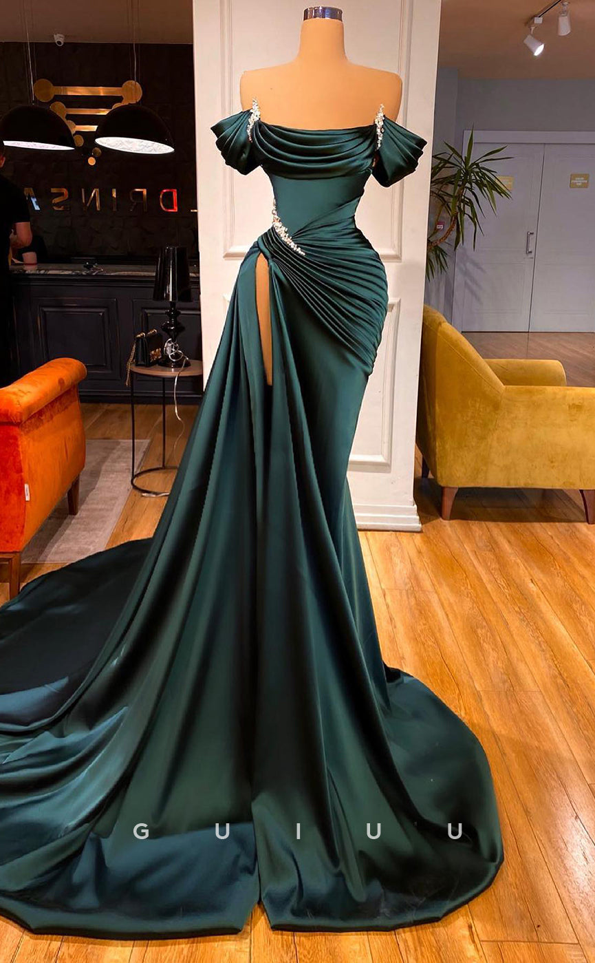 G2603 - Chic & Modern Off-Shoulder Beaded Satin Ruched Long Prom Evening Dress With Train