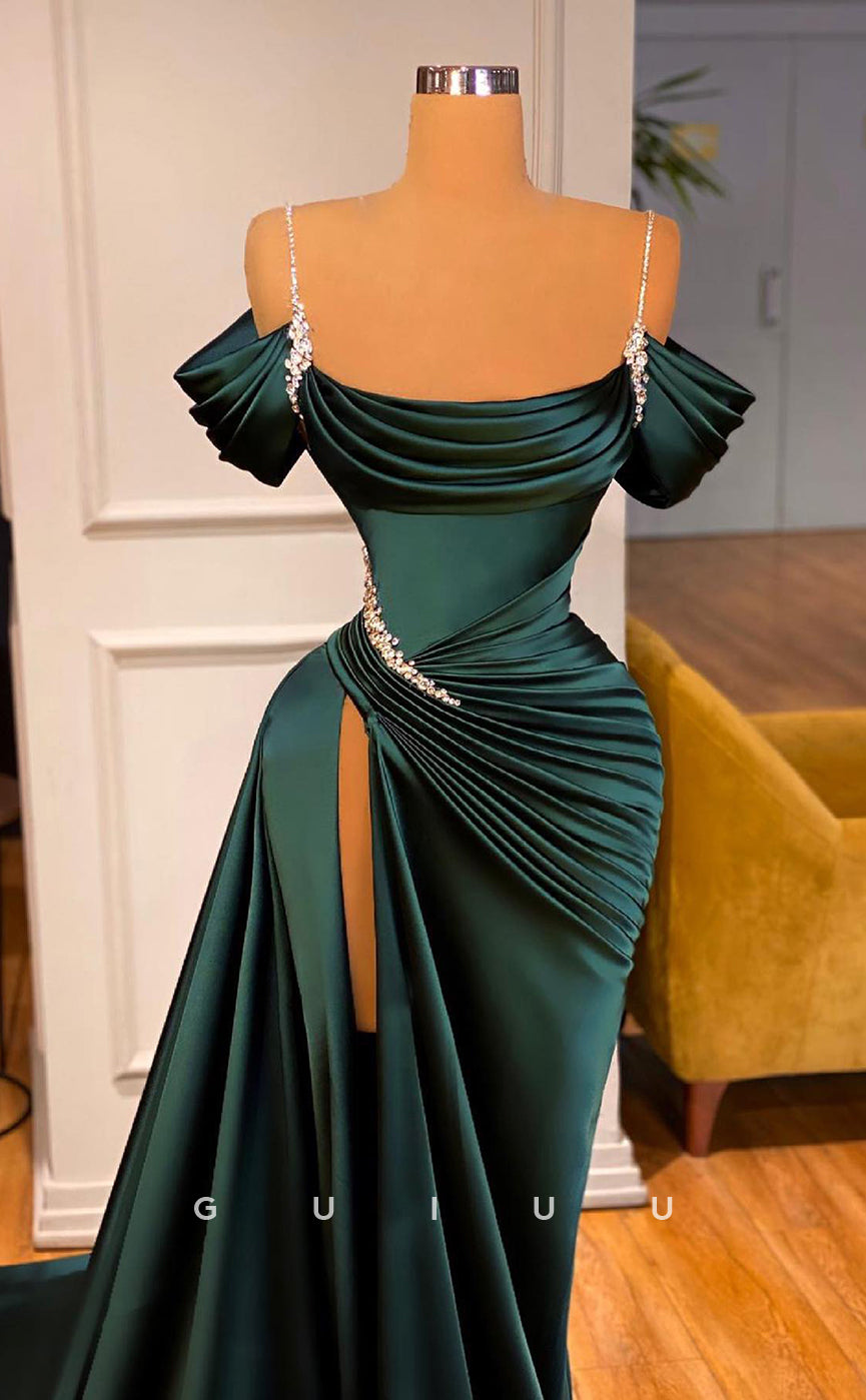 G2603 - Chic & Modern Off-Shoulder Beaded Satin Ruched Long Prom Evening Dress With Train