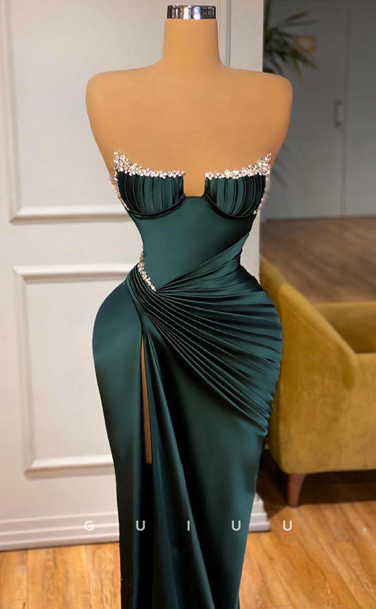 G2604 - Sexy & Fitted Satin Beaded Straps Ruched Long Prom Evening Dresses With Train