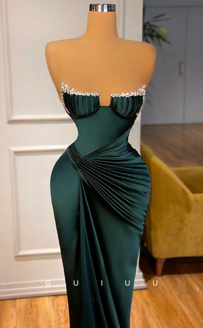 G2604 - Sexy & Fitted Satin Beaded Straps Ruched Long Prom Evening Dresses With Train