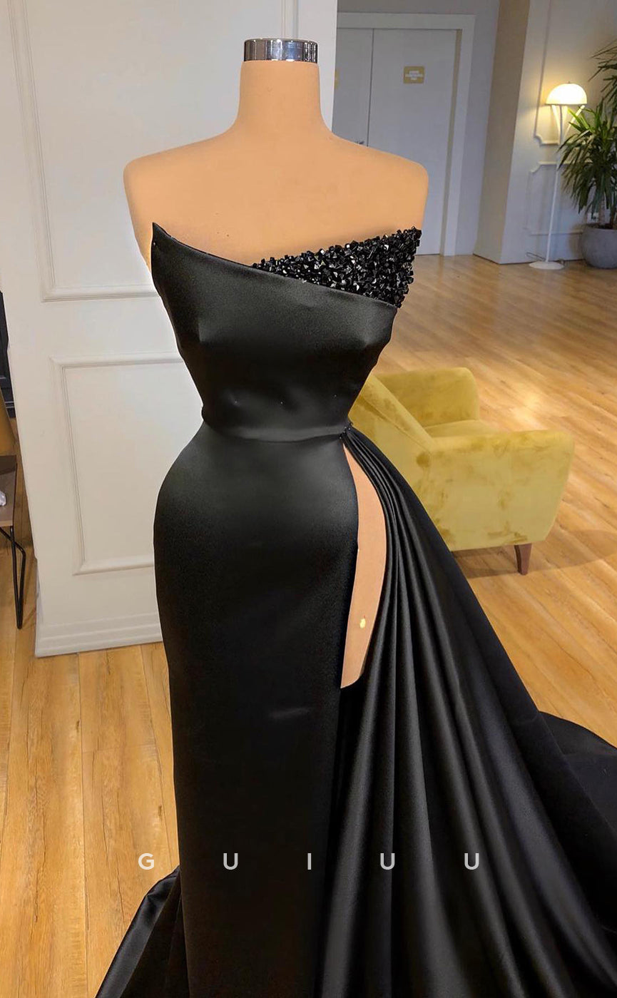 G2607 - Chic & Modern Satin Sequins Ruched Black Long Prom Evening Dress With Slit