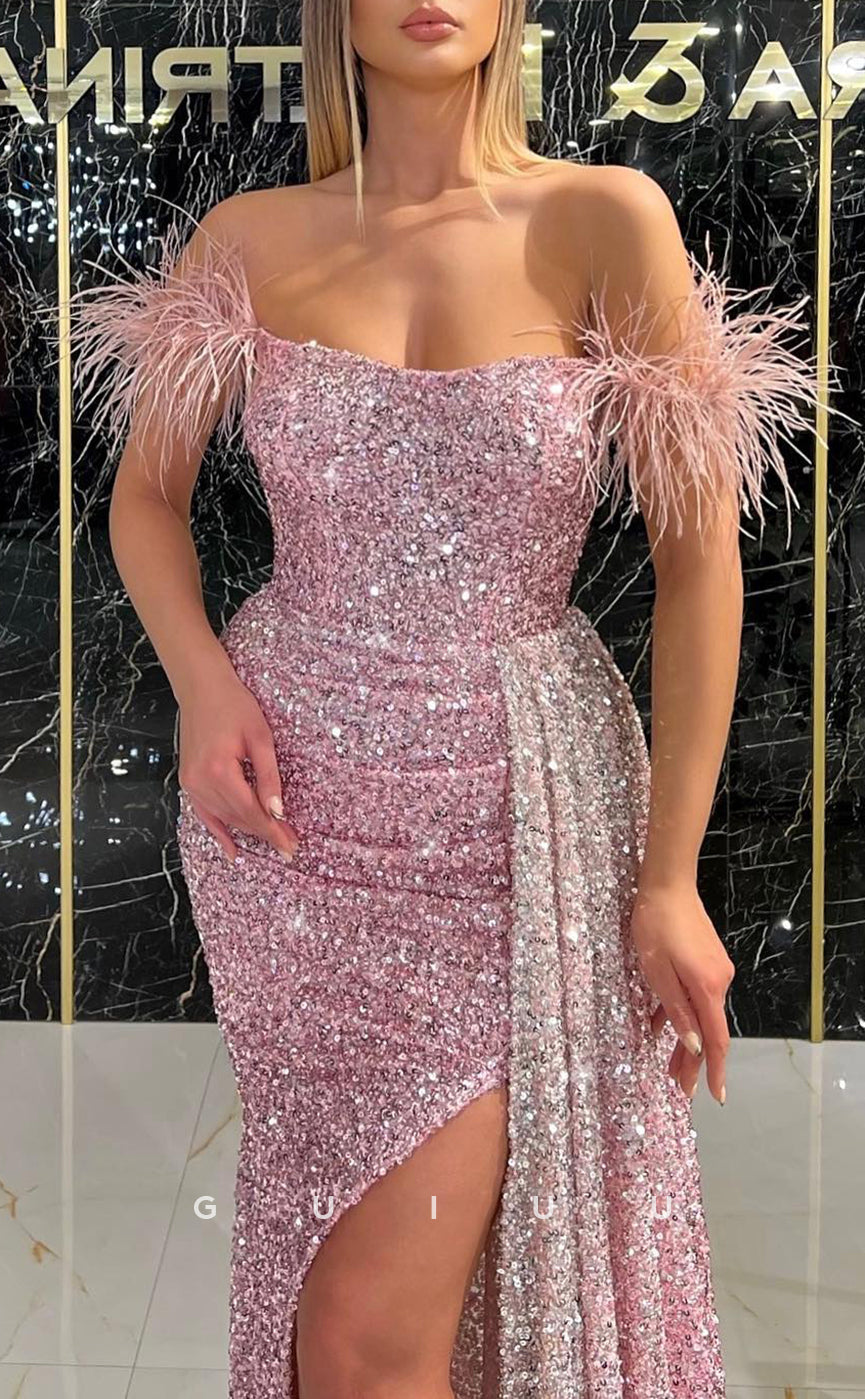 G2616 - Chic & Modern Glitter Feather Off-Shoulder Prom Evening Party Dress With Slit