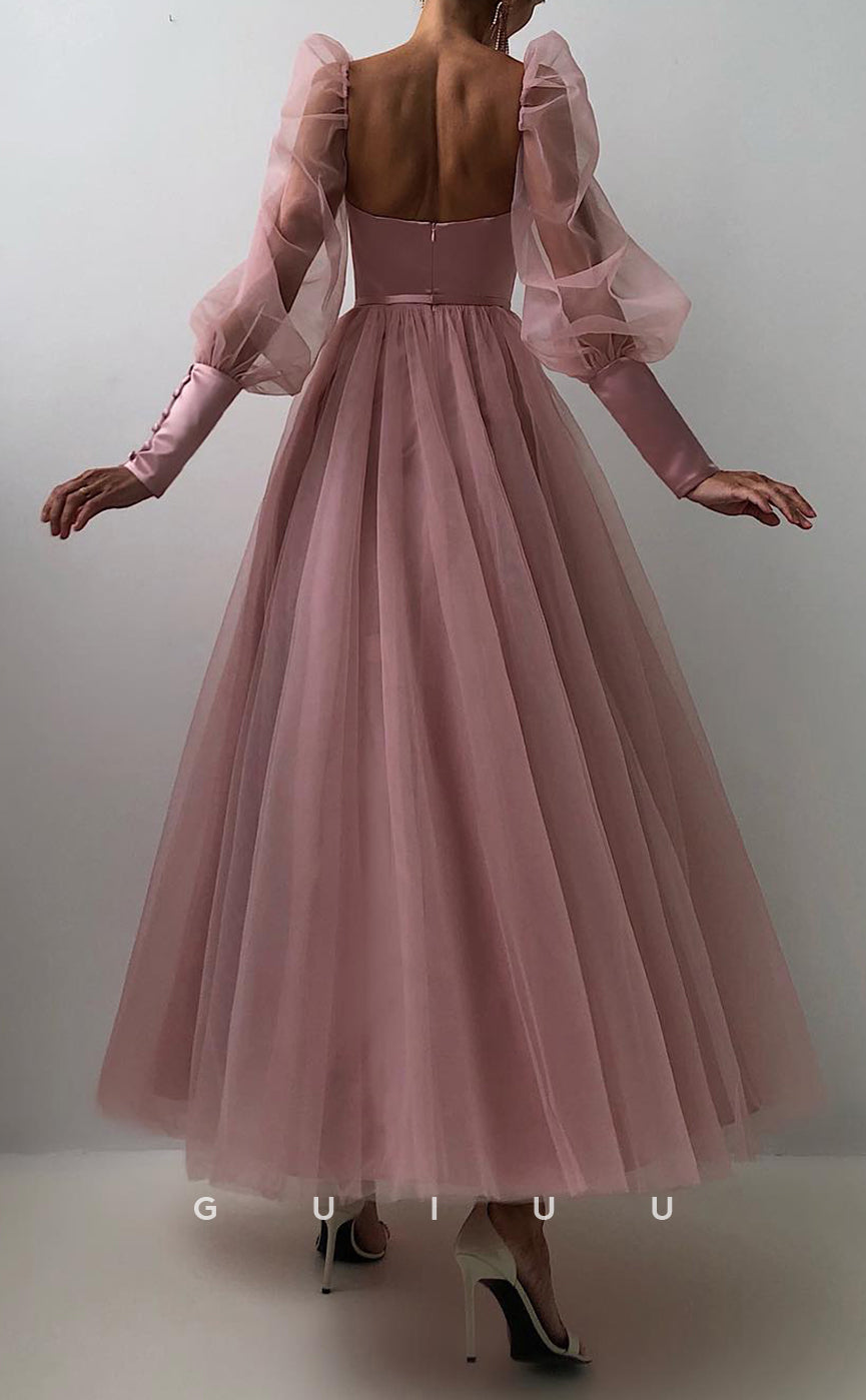 G2620 - Classic & Timeless A-Line V-Neck Tulle Prom Evening Party Dress With Puff Sleeves