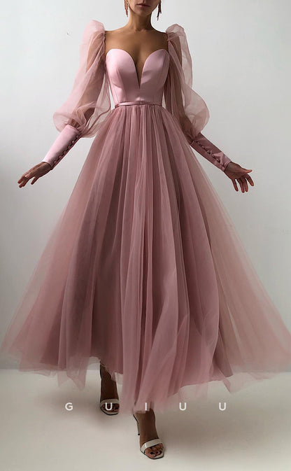 G2620 - Classic & Timeless A-Line V-Neck Tulle Prom Evening Party Dress With Puff Sleeves