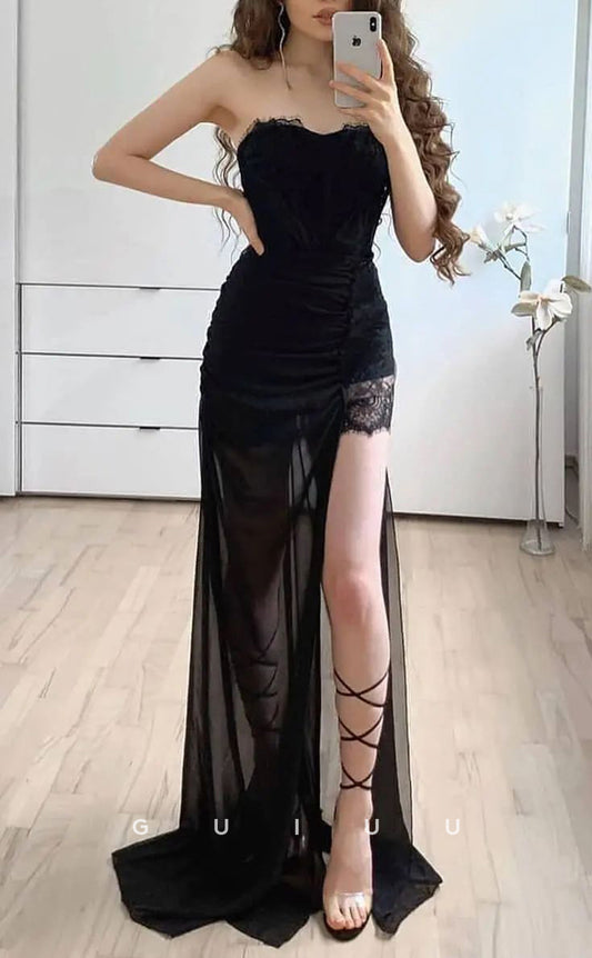 G2621 - Sexy & Fitted Strapless Lace Sheer Long Prom Evening Party Dress With Slit