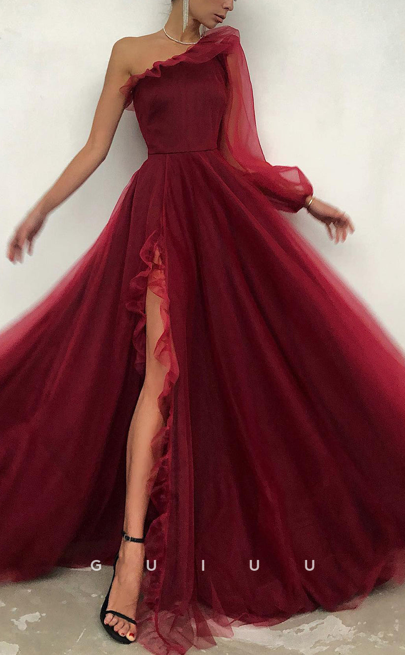 G2625 - Classic A-Line One Shoulder Red Tulle Prom Evening Party Dress ...