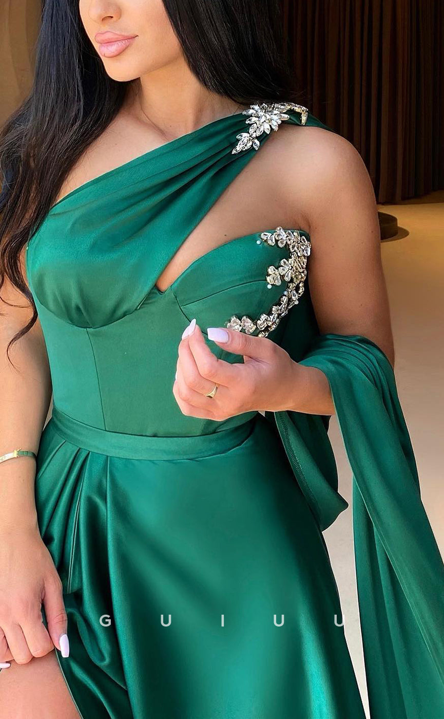 G2638 - Chic & Modern One Shoulder Beaded Ruched Green Prom Evening Party Dress