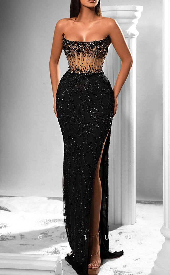 G2665 - Sexy & Fitted Black Strapless Beaded Sheer Long Prom Evening P ...