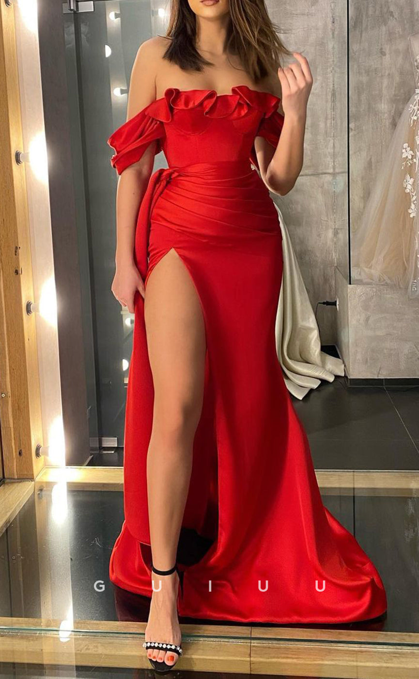 G2666 - Classic & Timeless Satin Off-Shoulder Red Prom Evening Party D ...