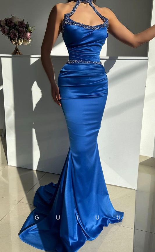 G2669 - Chic & Modern Halter Mermaid Ruched Prom Evening Party Dress