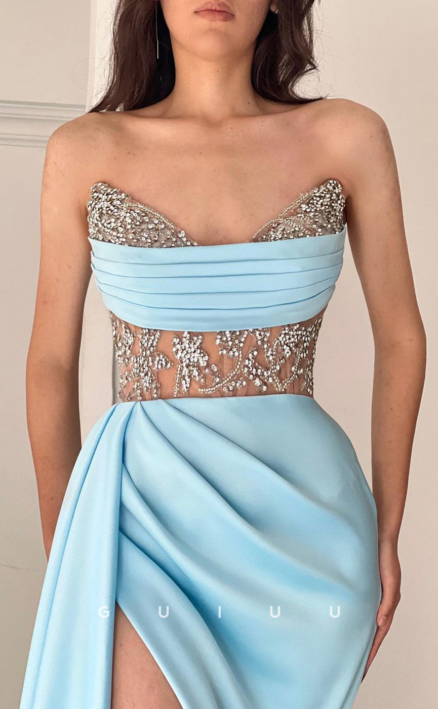 G2674 - Chic & Modern Beaded Strapless Ruched Long Prom Evening Party Dress