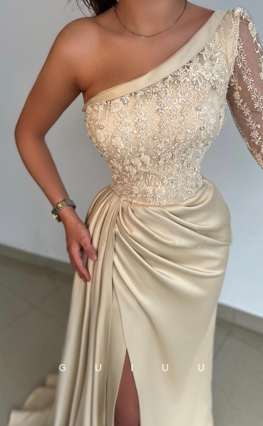 G2684 - Elegant & Luxurious Lace One Shoulder Pleats Satin Evening Prom Dress