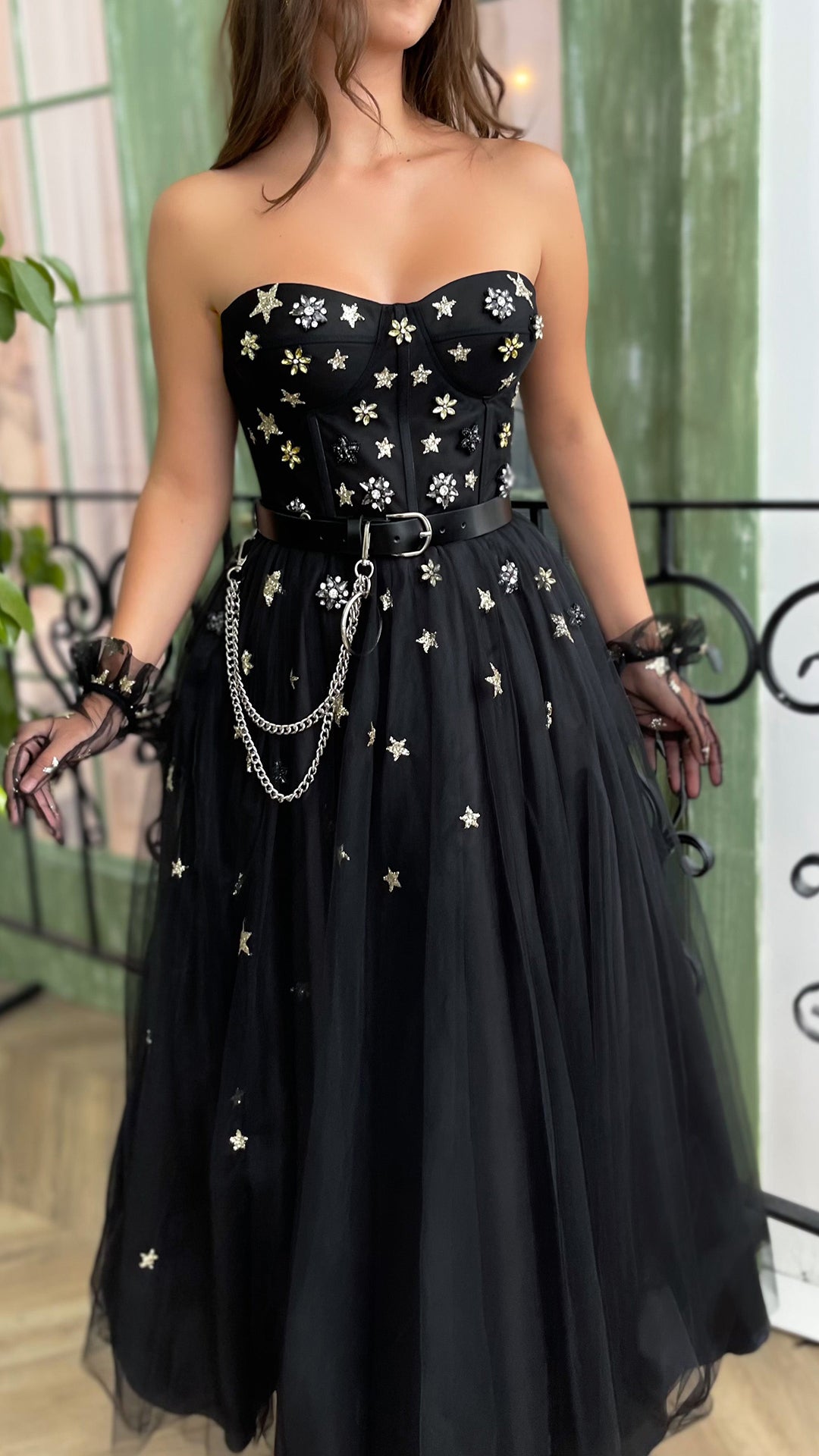 G2696 - Classic & Timeless A-Line Straples Black Pleats Tulle Long Evening Prom Dress