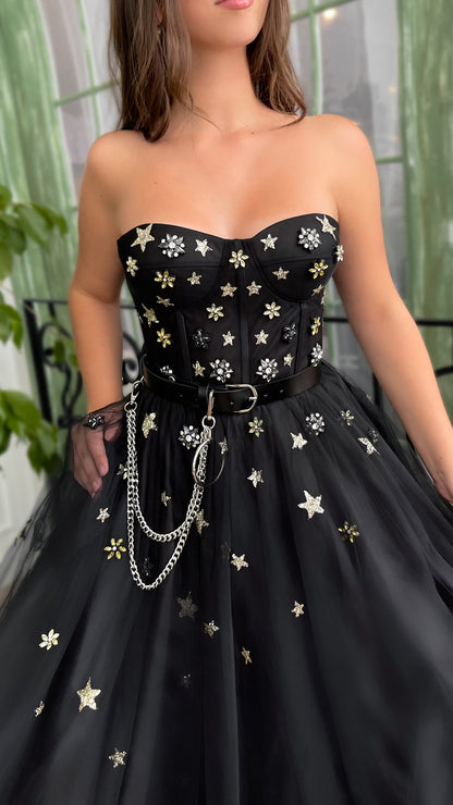 G2696 - Classic & Timeless A-Line Straples Black Pleats Tulle Long Evening Prom Dress